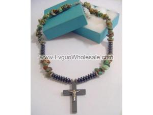 Silver Jesus Hematite Cross Pendant Turquoise Chip Stone Beads Choker Necklace
